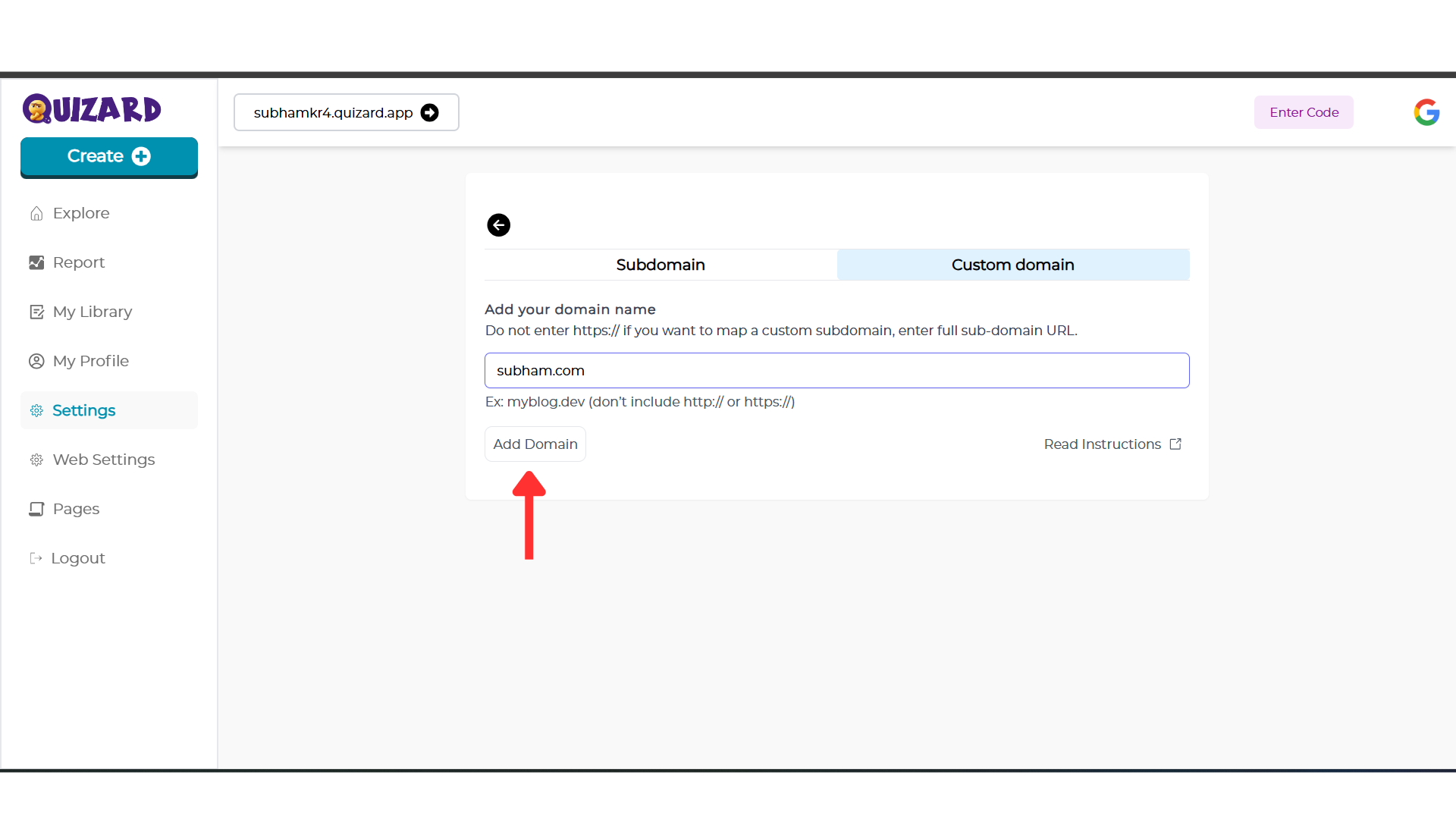 Add Domain Button