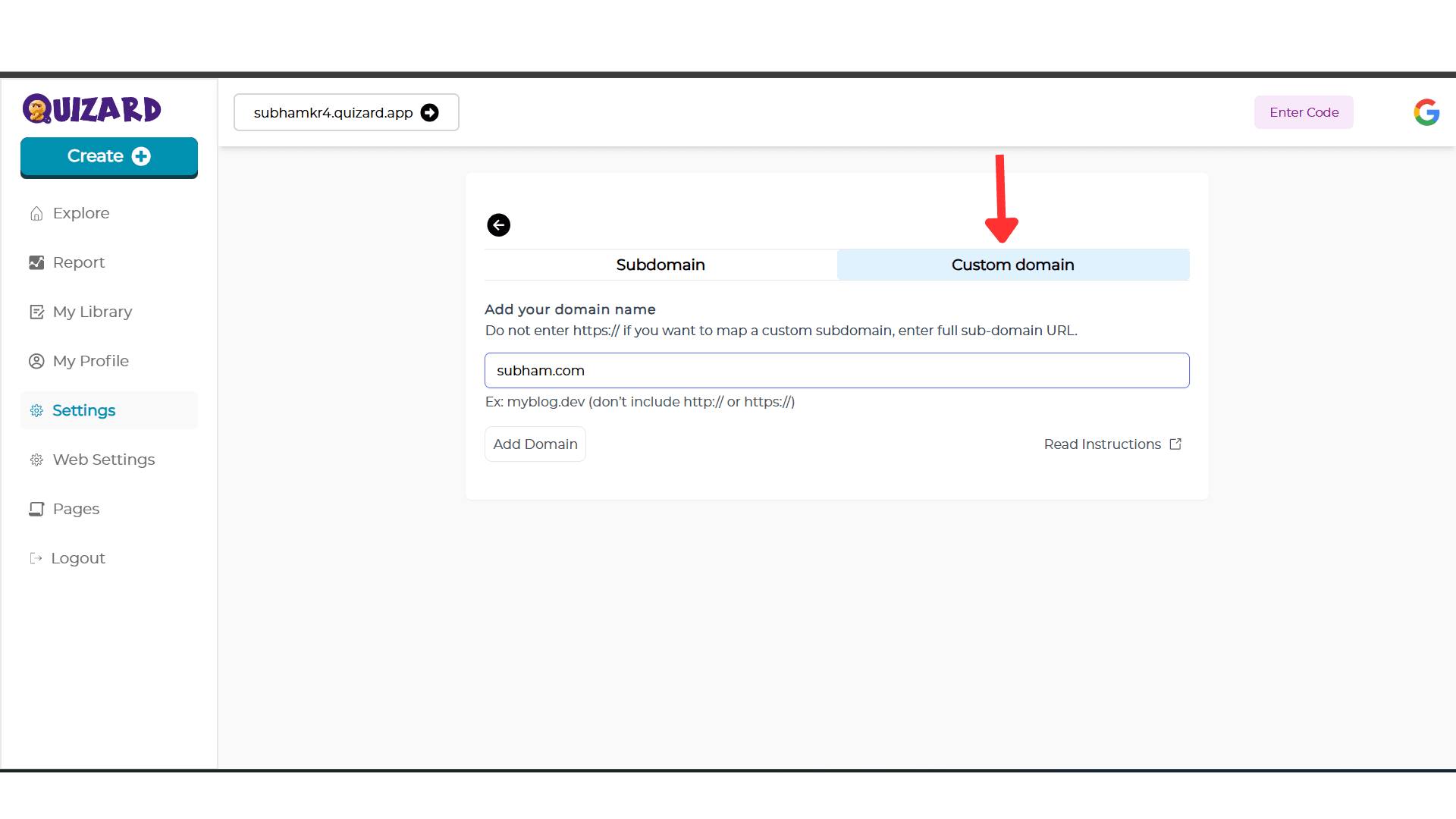 Custom Domain Tab