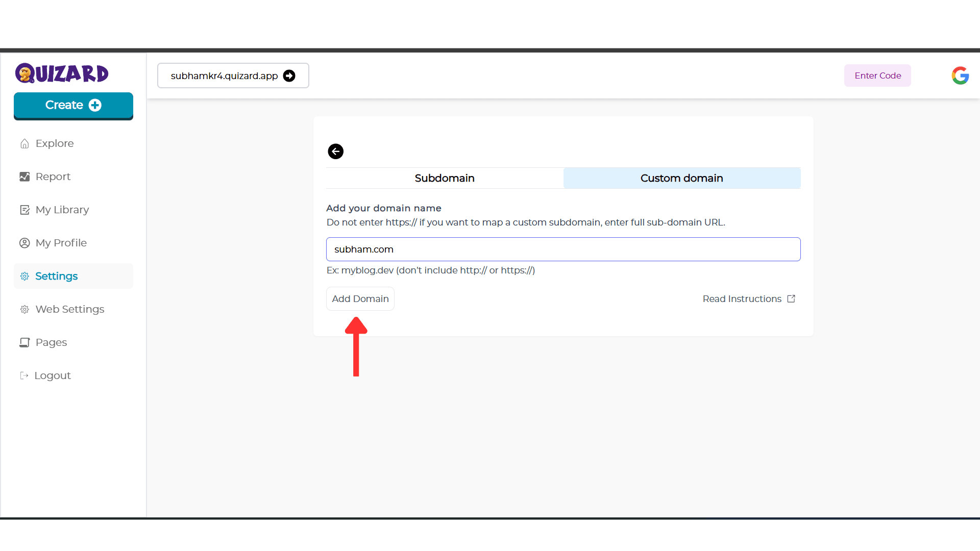 Add Domain Button
